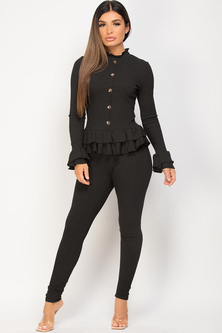 Frill Detail Button Front Loungewear Set in Black