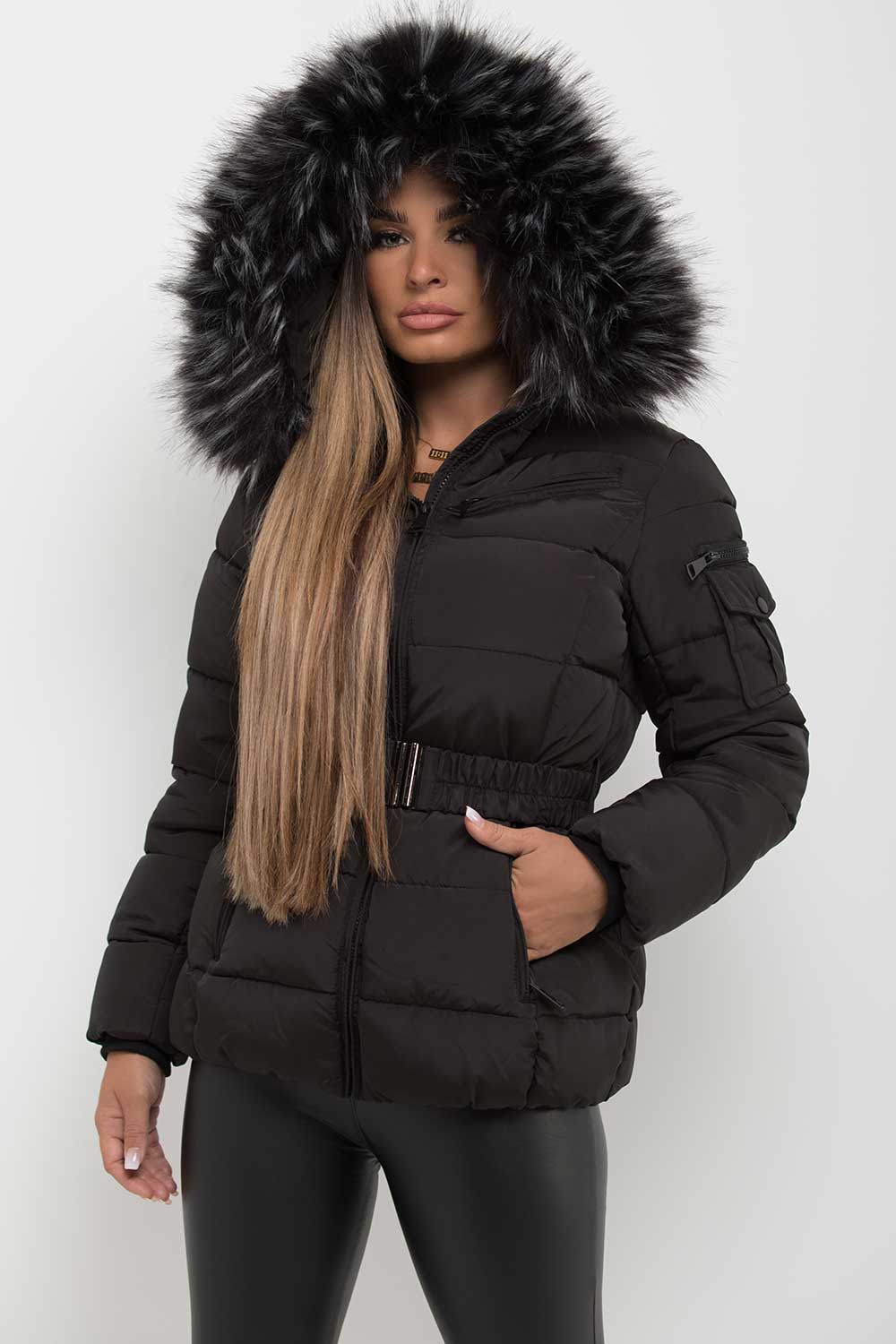 Faux Fur Hooded Belted Puffer Coat