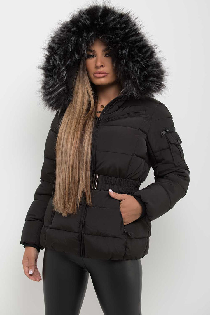 Faux Fur Hooded Belted Puffer Coat