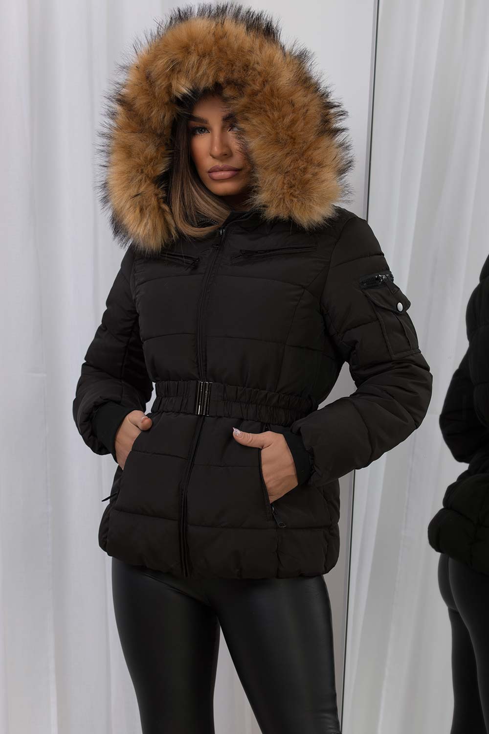 Belted Puffer Jacket with Faux Fur Hood