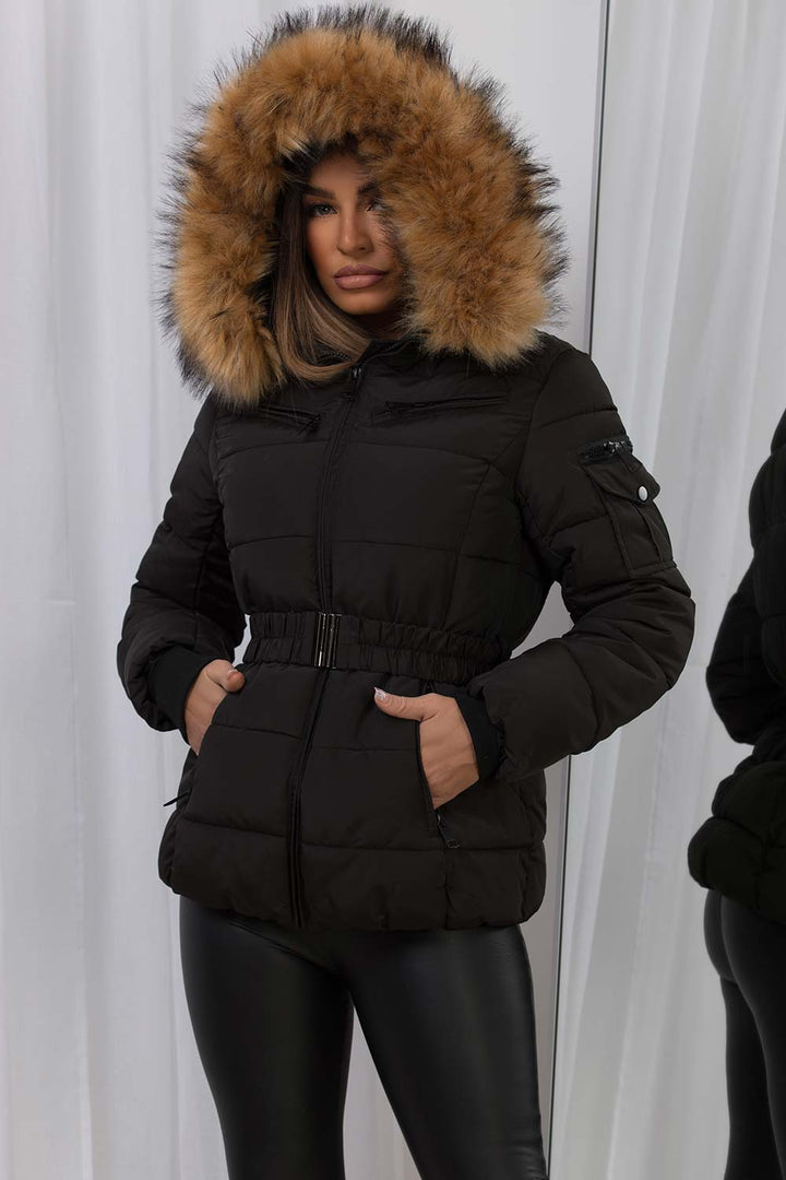 Belted Puffer Jacket with Faux Fur Hood