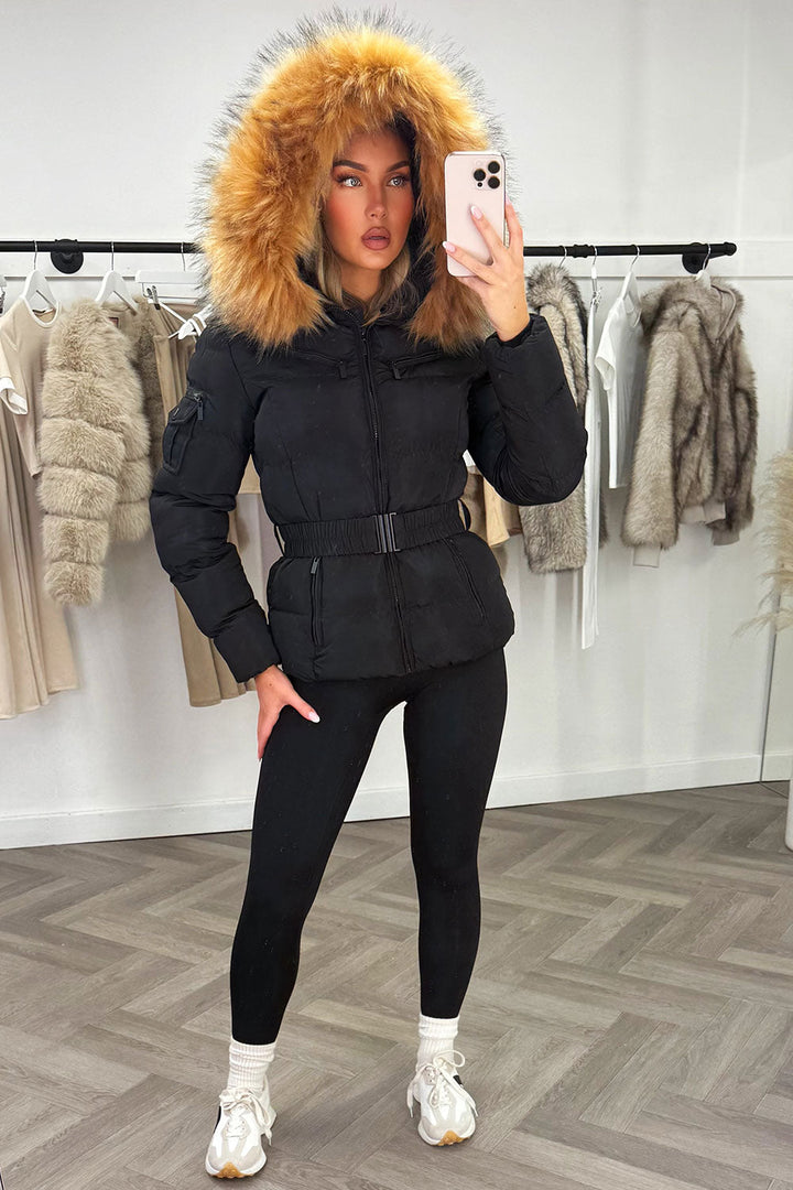 Belted Puffer Jacket with Faux Fur Hood