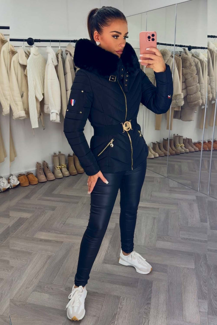 Belted Puffer Jacket with Faux Fur Hood in Black