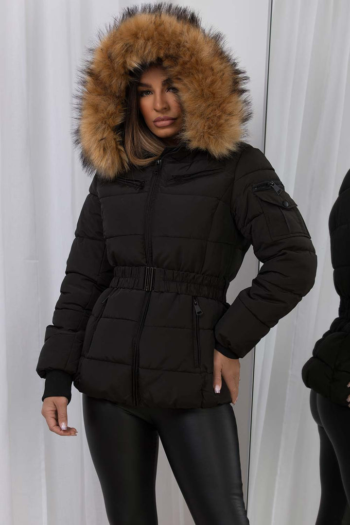 Belted Puffer Jacket with Faux Fur Hood