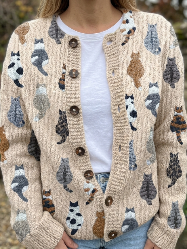 Ribbed Cat Print Statement Cardigan