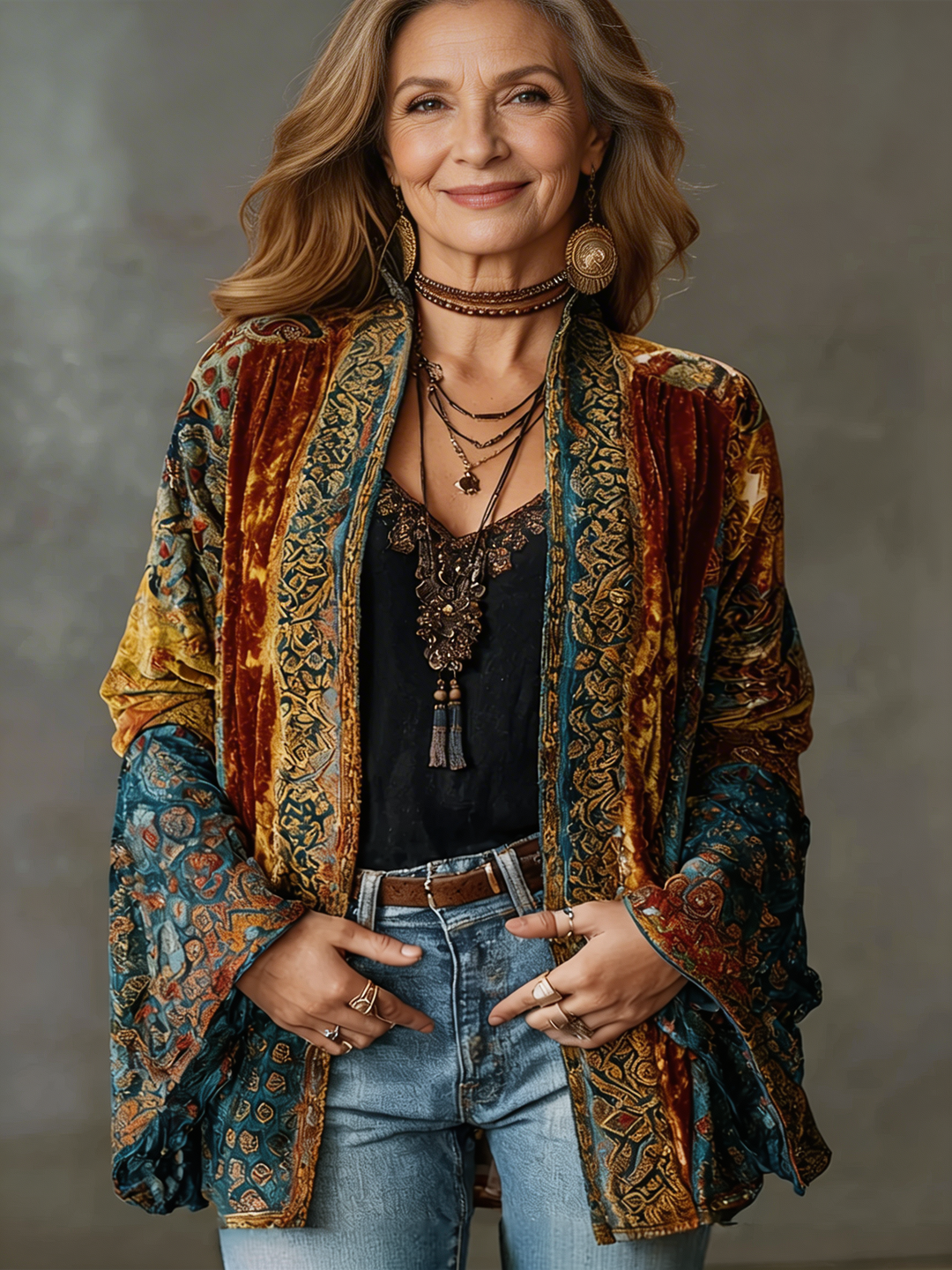 Embroidered Open Front Kimono Jacket