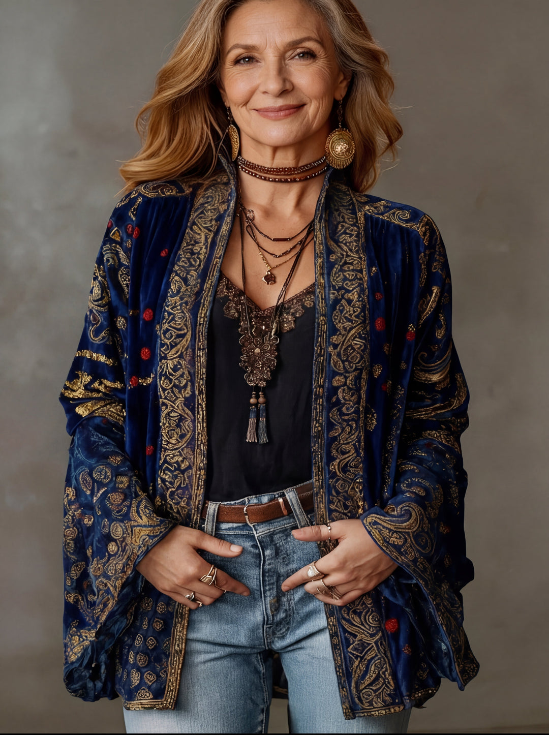Embroidered Open Front Kimono Jacket