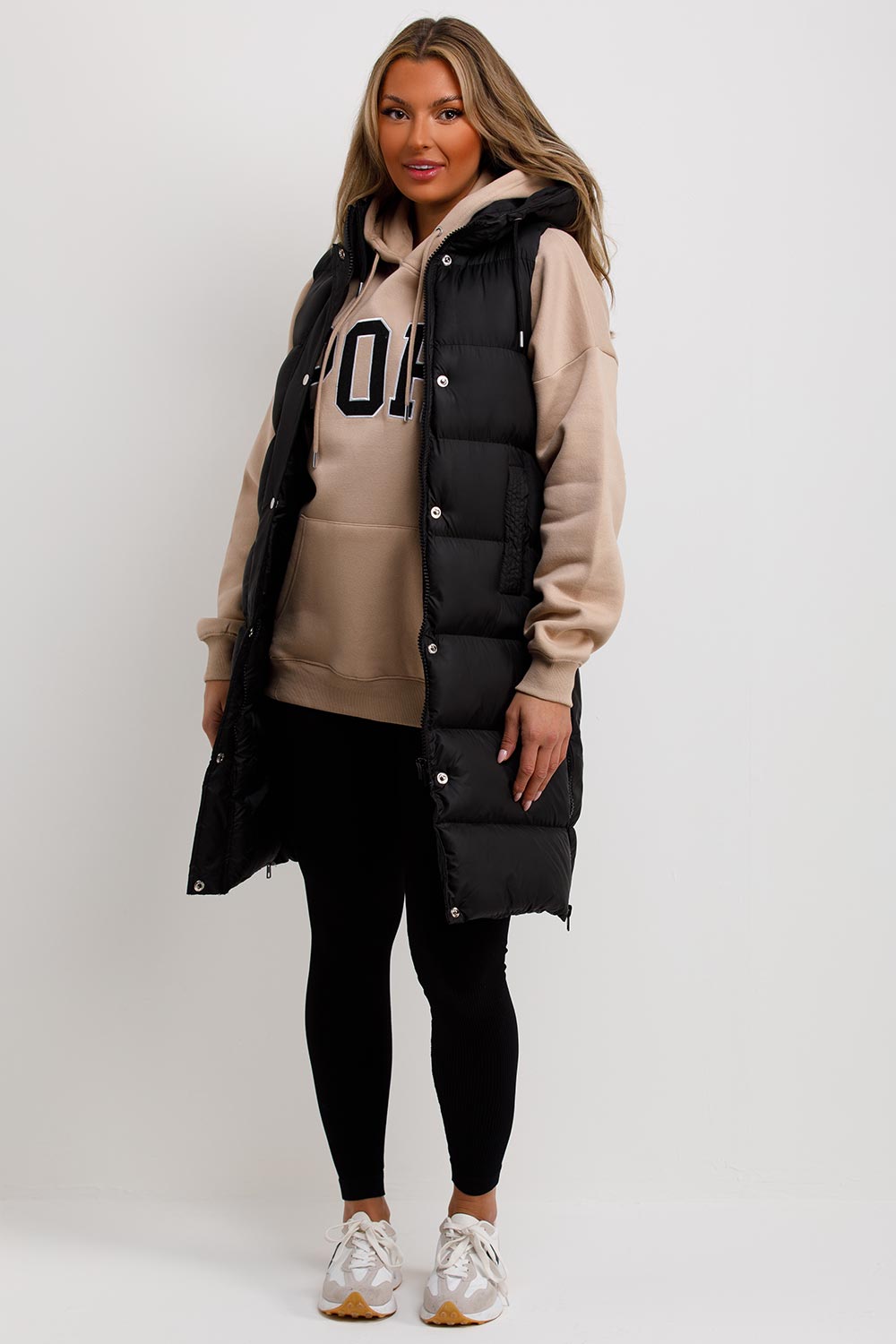 Longline Padded Hooded Gilet in Black