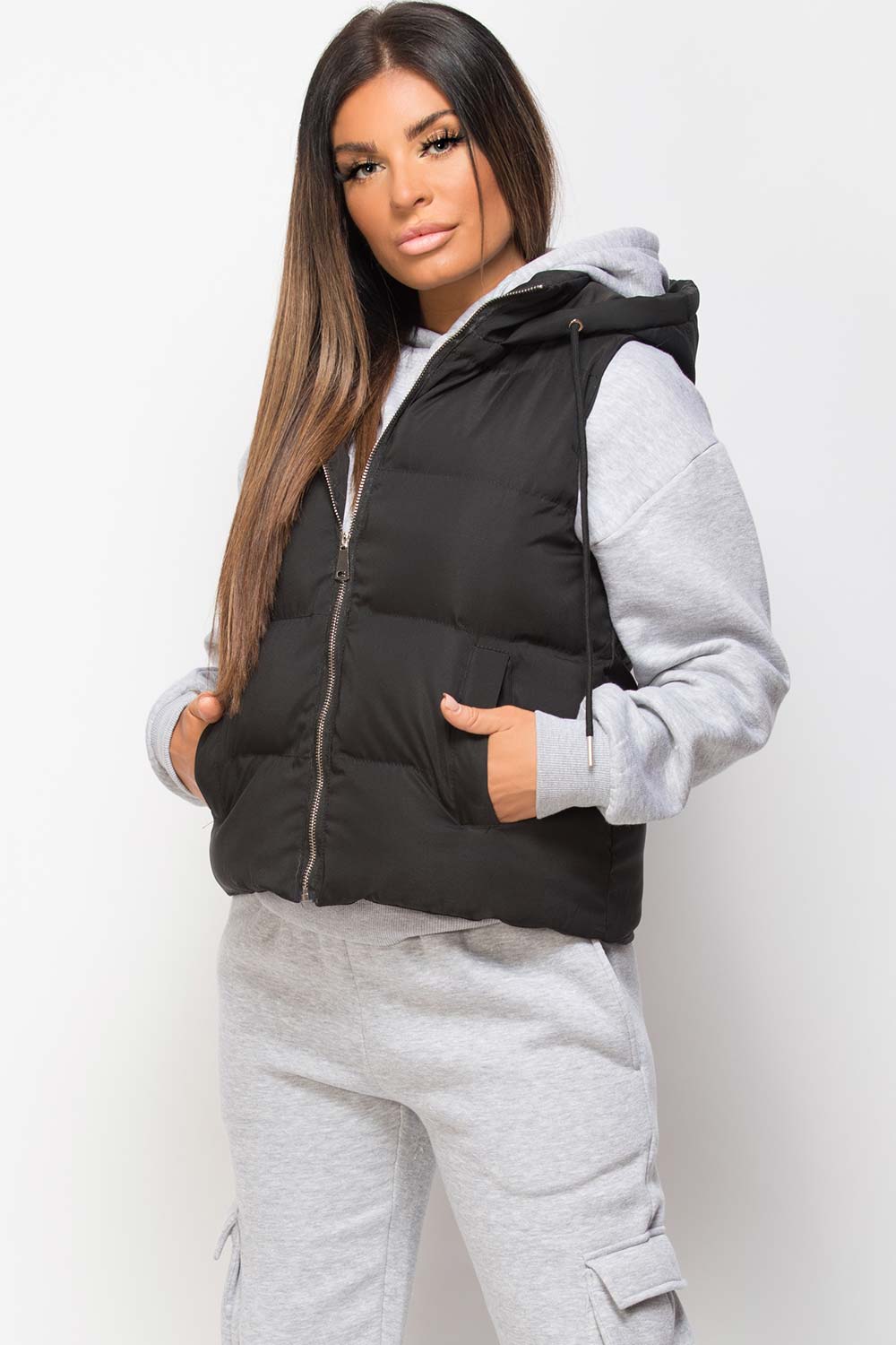Black Padded Hooded Gilet