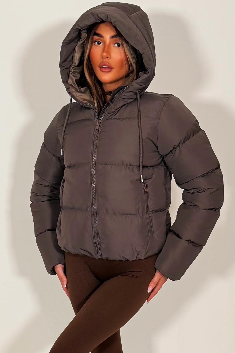 Hooded Puffer Jacket in Brown