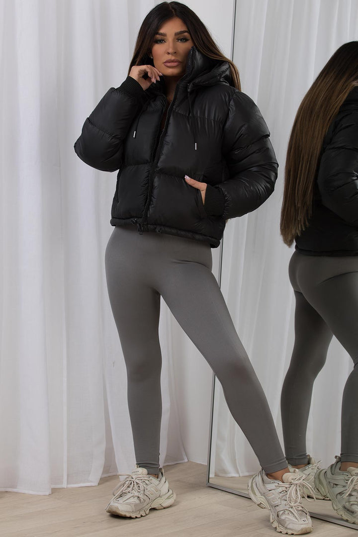 Puffer Jacket with Detachable Hood in Black