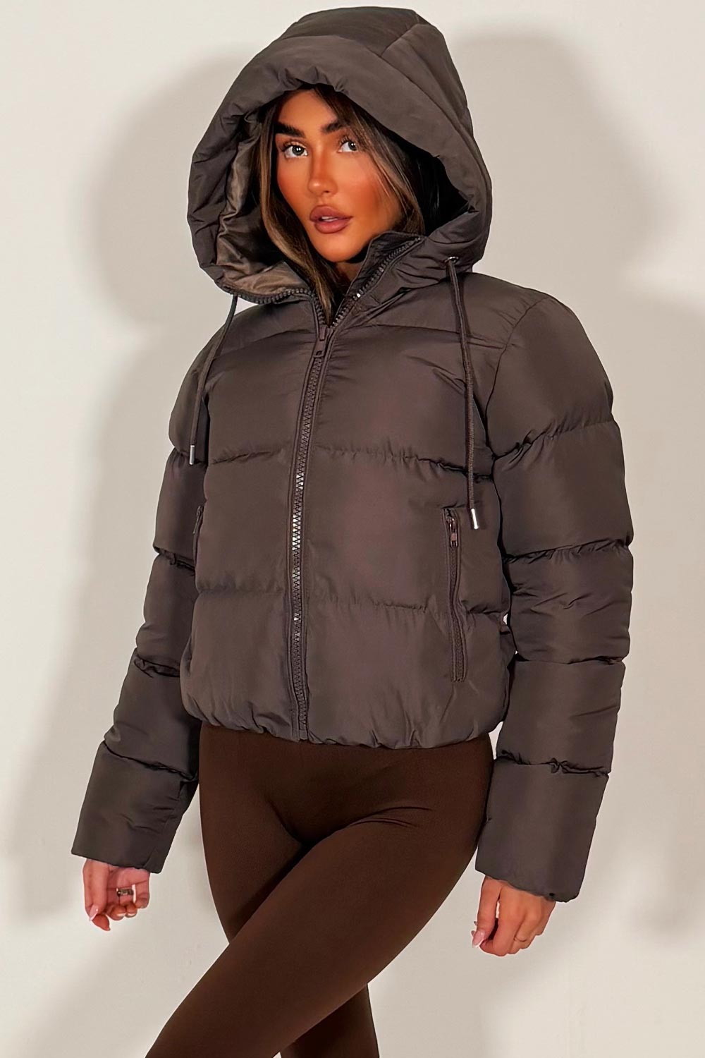 Hooded Puffer Jacket in Brown