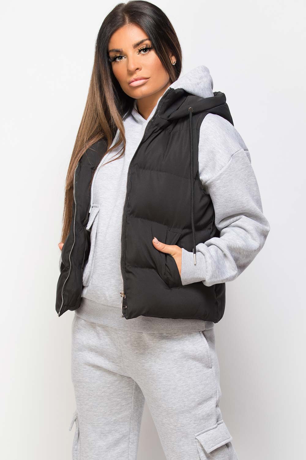 Black Padded Hooded Gilet