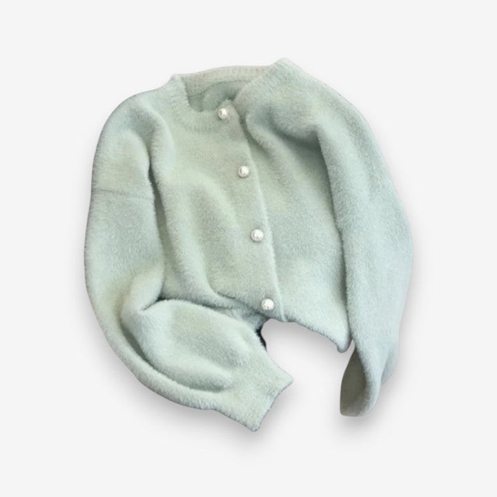 Womens Round-Neck Pearl-Button Cardigan