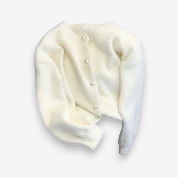 Womens Round-Neck Pearl-Button Cardigan