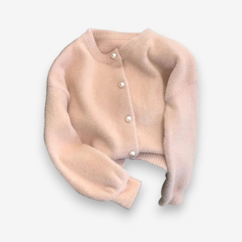 Womens Round-Neck Pearl-Button Cardigan