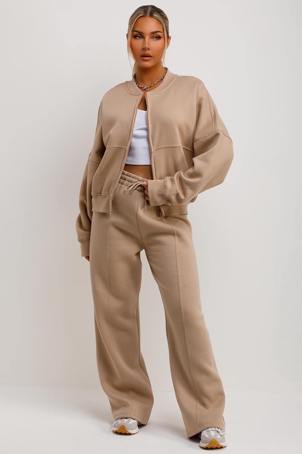 Zip Bomber Sweatshirt and Joggers Set in Beige