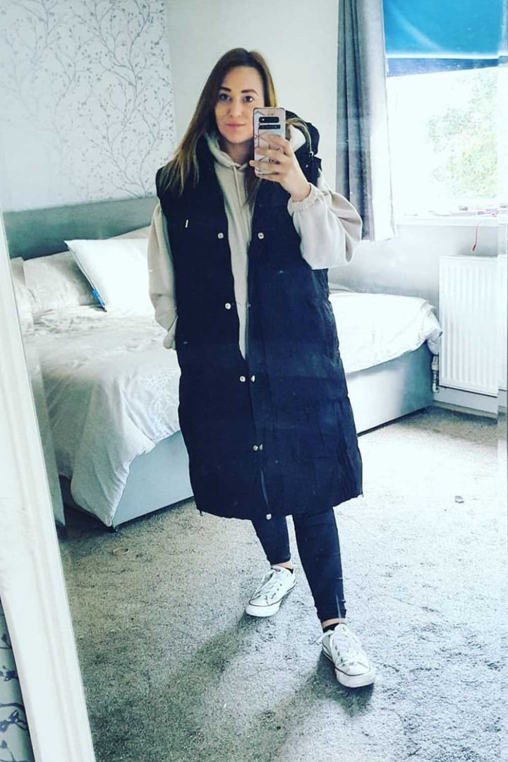 Longline Padded Hooded Gilet in Black