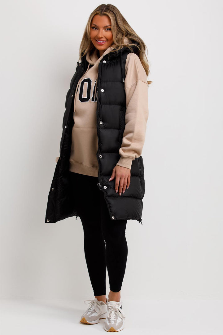 Longline Padded Hooded Gilet in Black