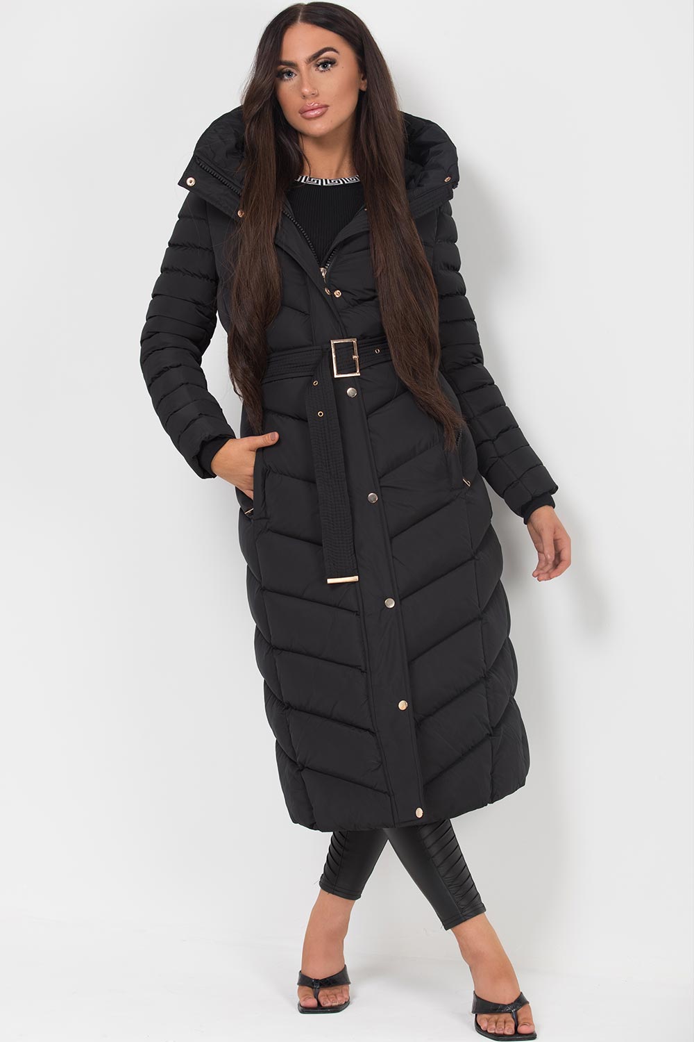 Longline Quilted Belted Puffer Coat in Black