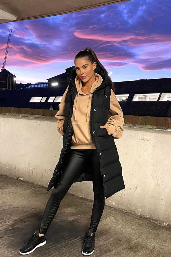 Longline Padded Hooded Gilet in Black