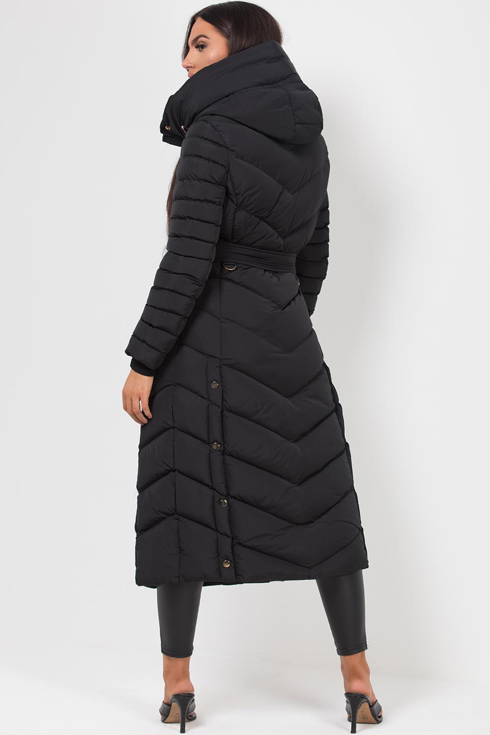 Longline Quilted Belted Puffer Coat in Black