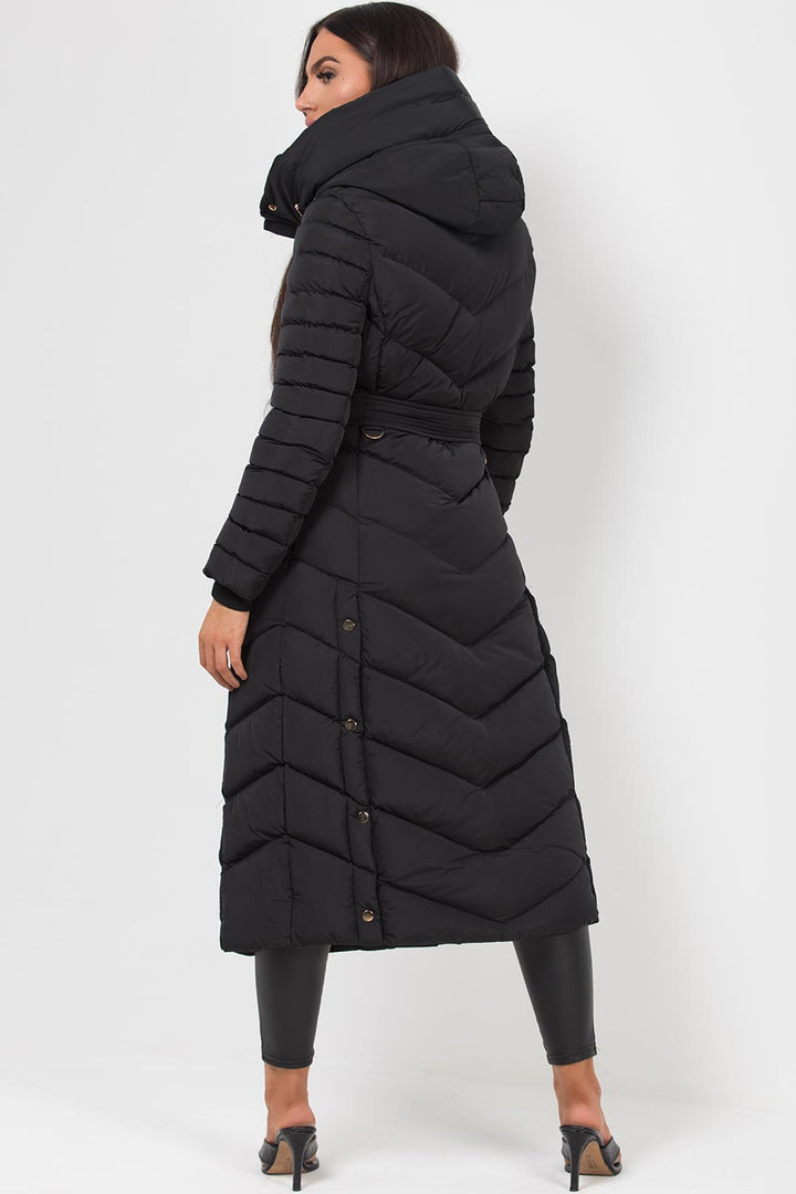 Longline Quilted Belted Puffer Coat in Black