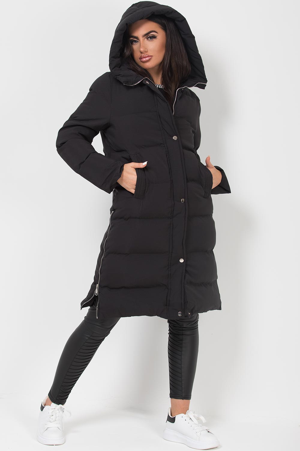 Longline Puffer Coat with Side Zip in Black