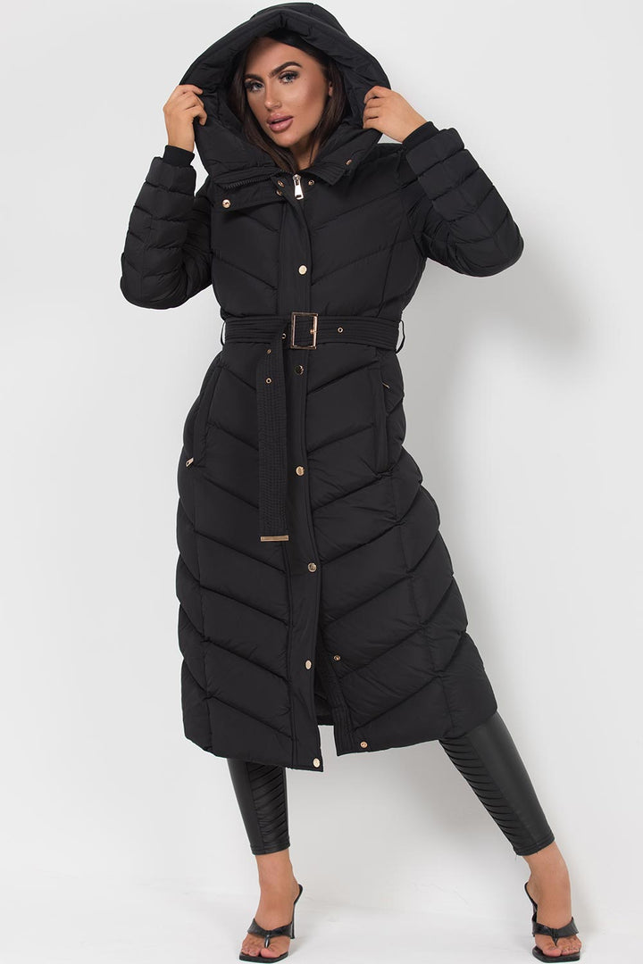 Longline Quilted Belted Puffer Coat in Black