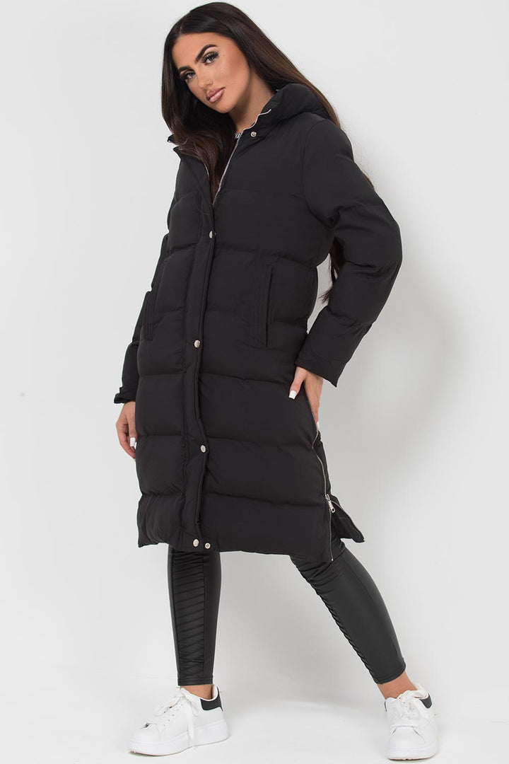 Longline Puffer Coat with Side Zip in Black