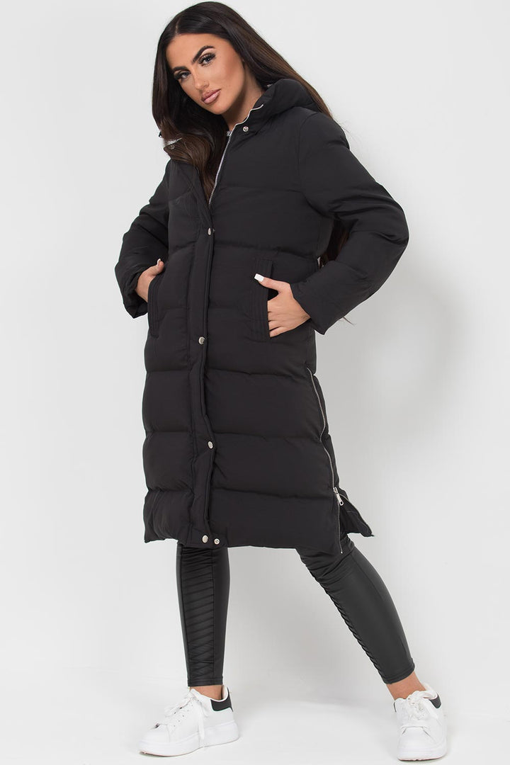 Longline Puffer Coat with Side Zip in Black