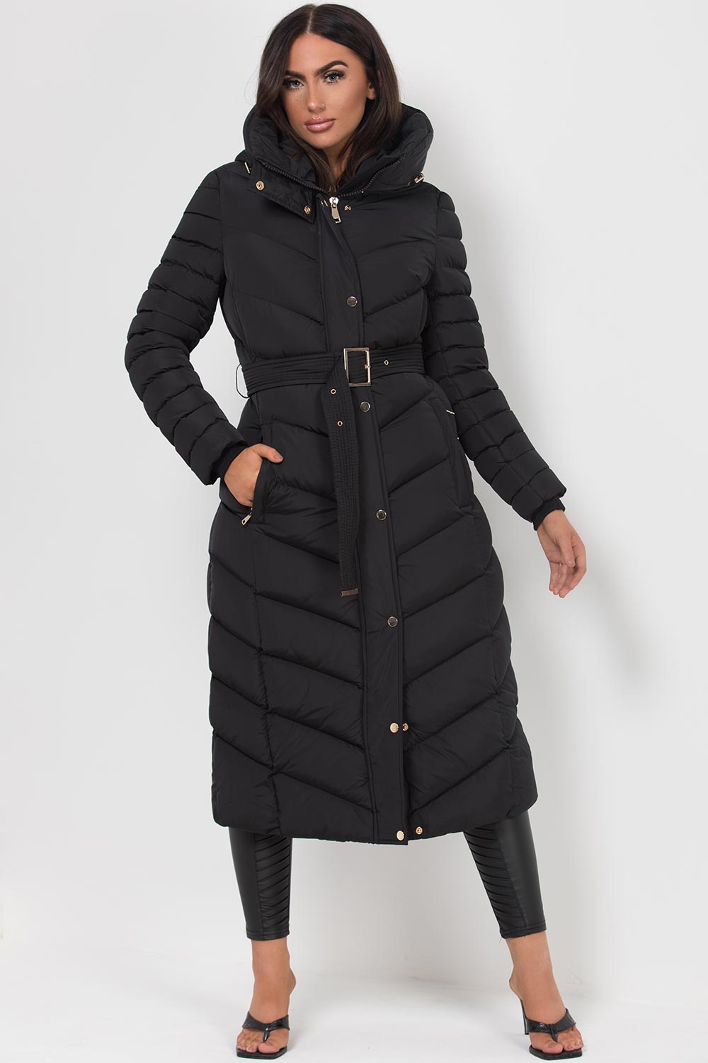 Longline Quilted Belted Puffer Coat in Black