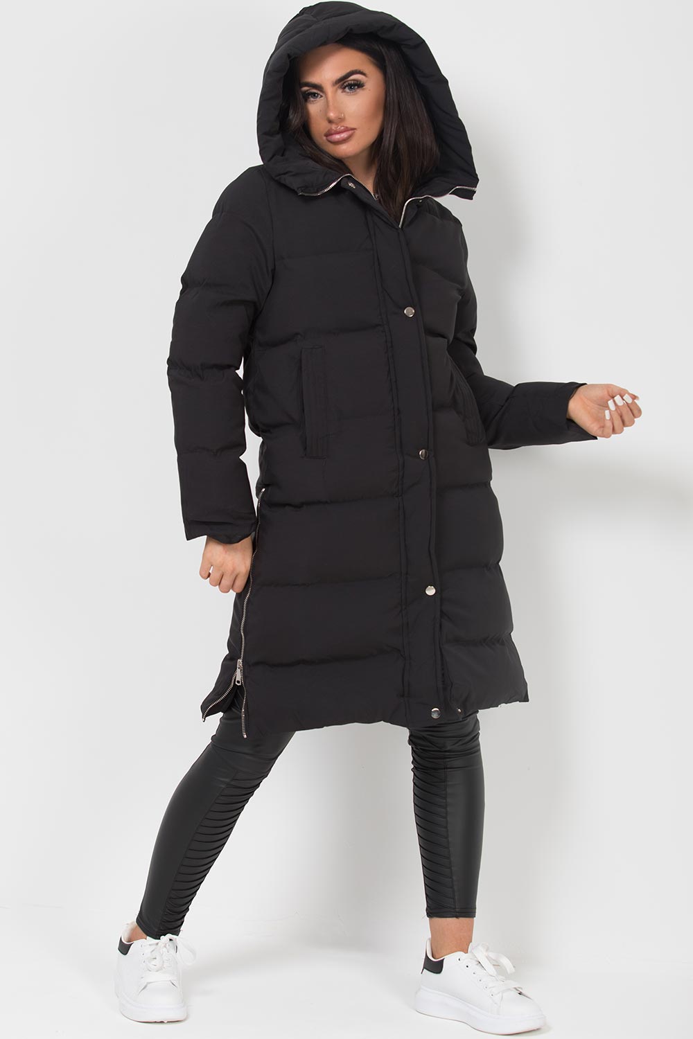 Longline Puffer Coat with Side Zip in Black