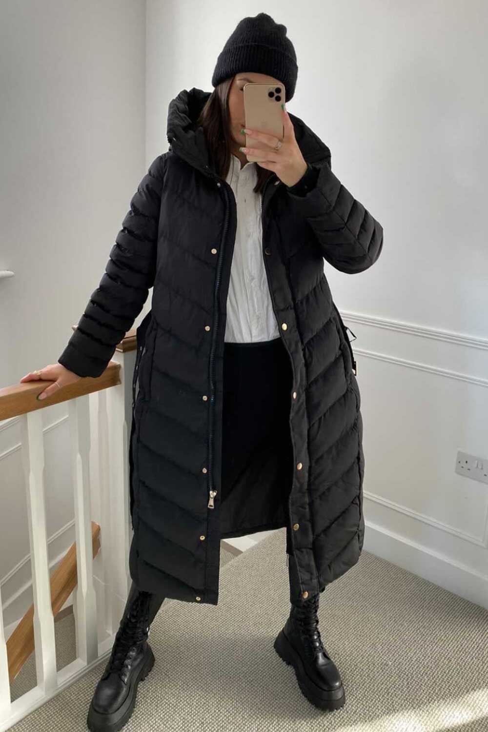Longline Quilted Belted Puffer Coat in Black