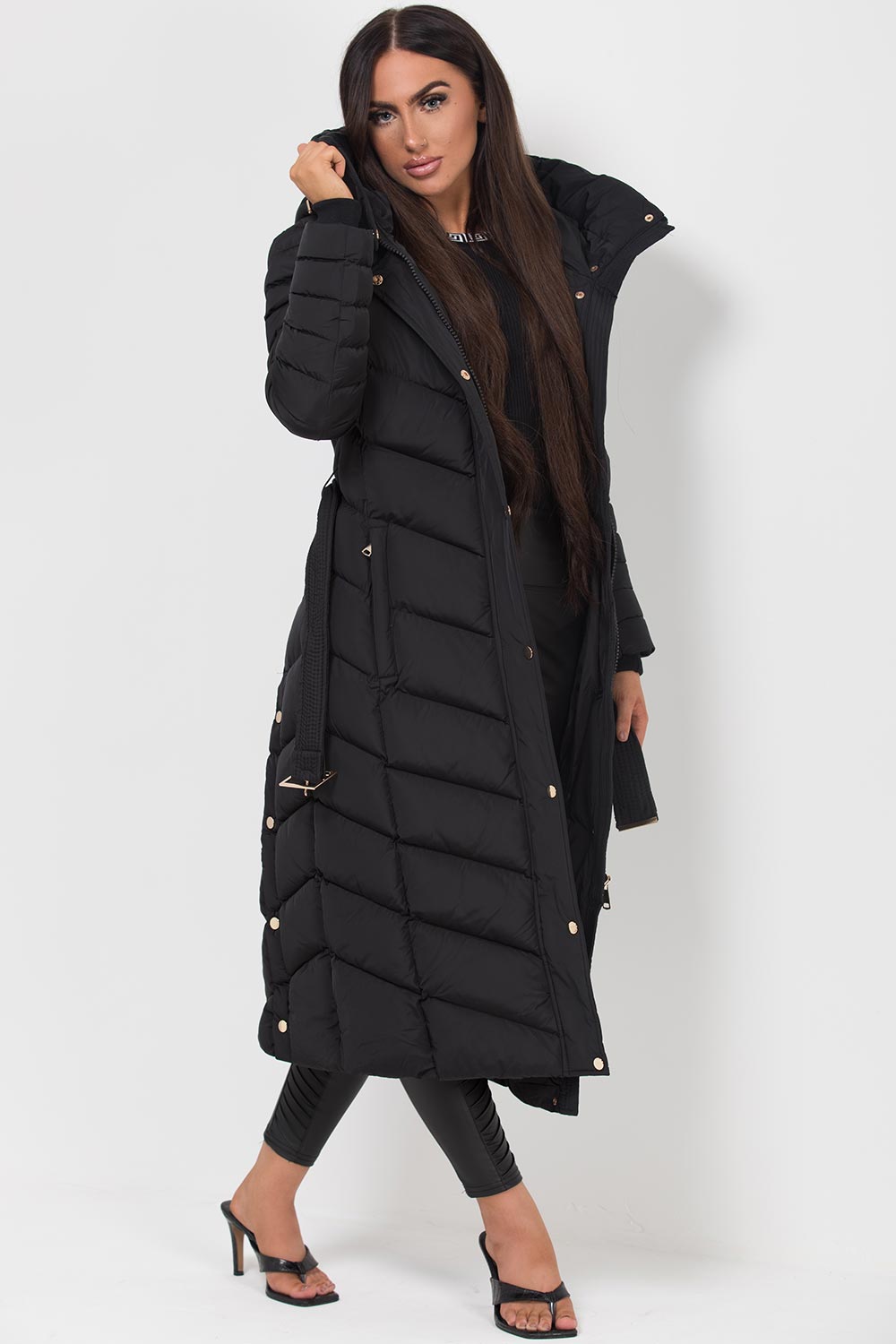Longline Quilted Belted Puffer Coat in Black