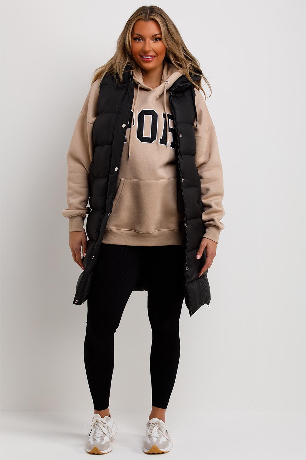 Longline Padded Hooded Gilet in Black