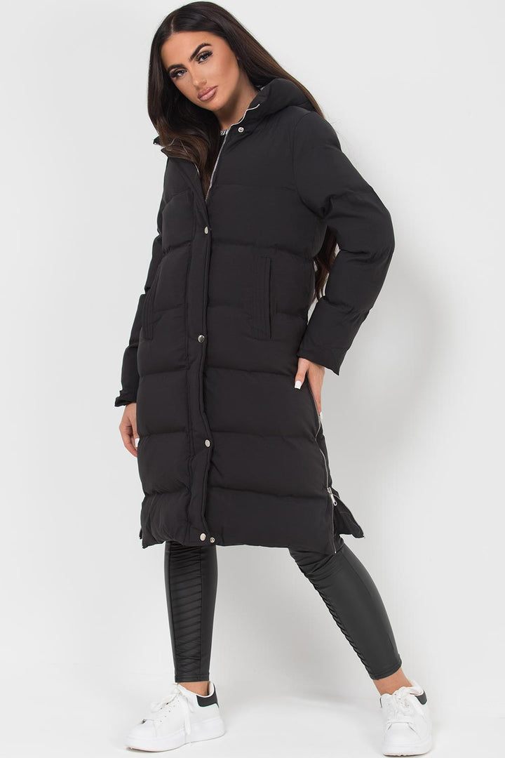 Longline Puffer Coat with Side Zip in Black
