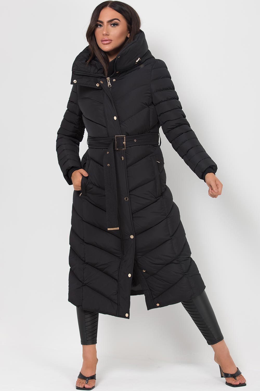 Longline Quilted Belted Puffer Coat in Black