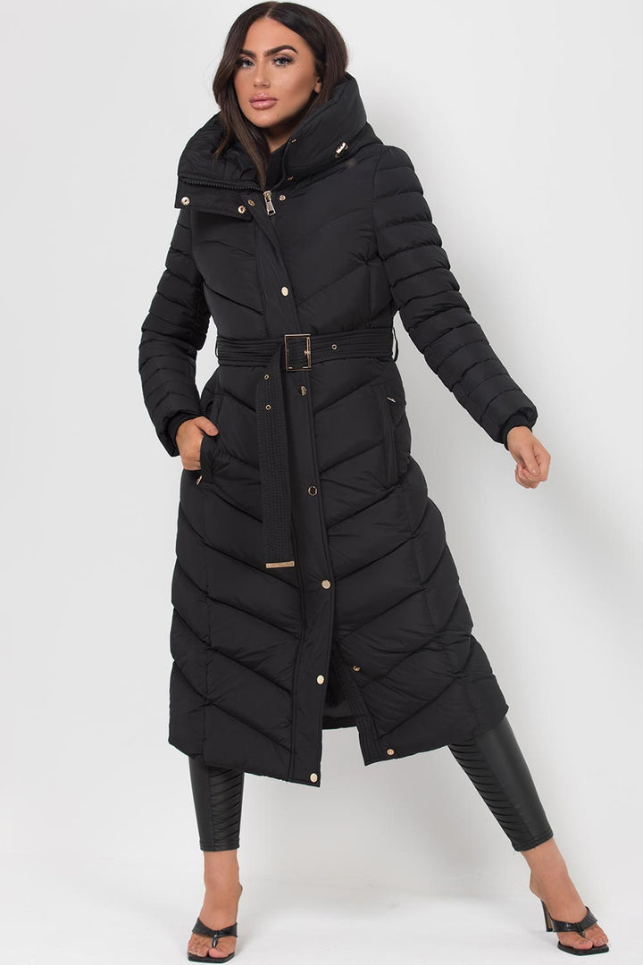 Longline Quilted Belted Puffer Coat in Black