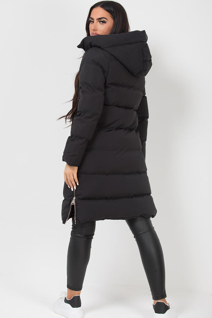 Longline Puffer Coat with Side Zip in Black