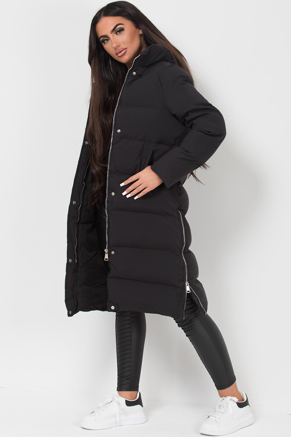 Longline Puffer Coat with Side Zip in Black