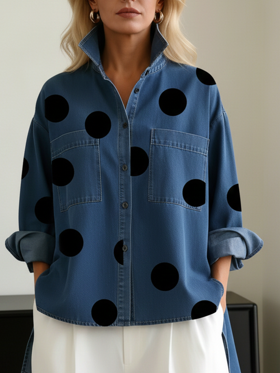 Polka Dot Stand Collar Top