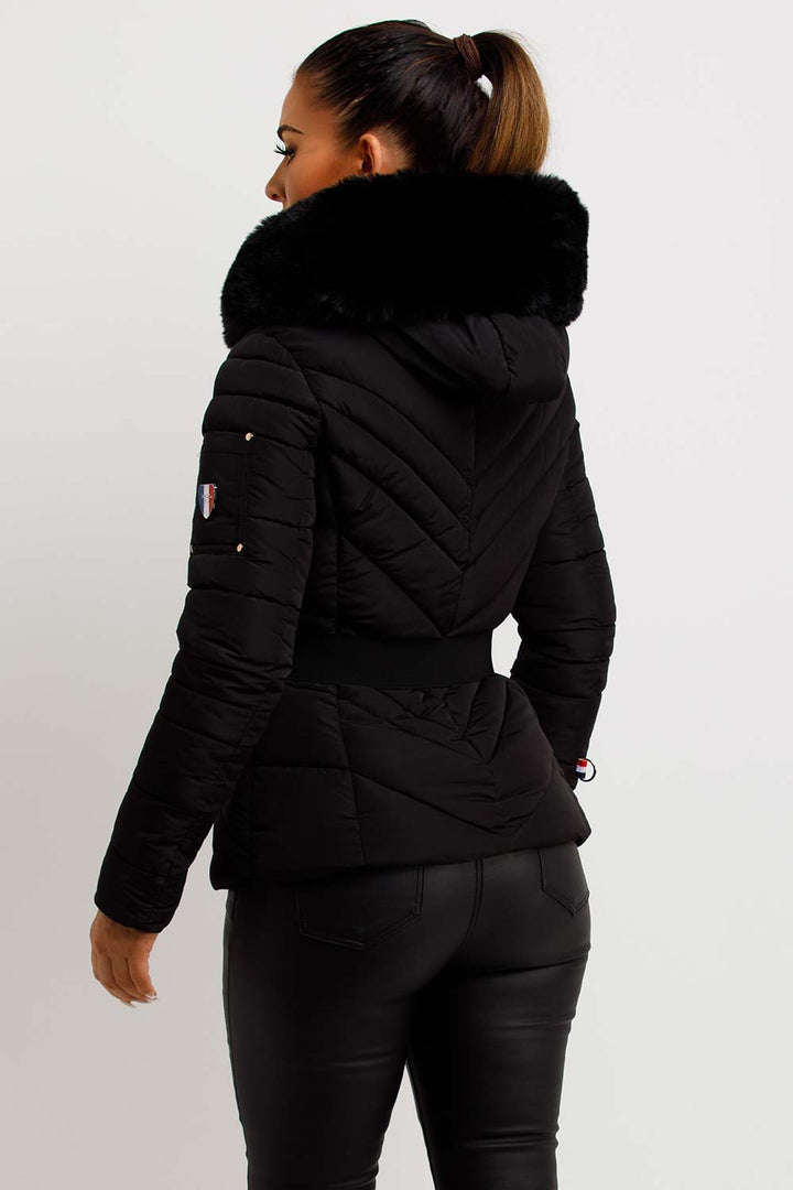 Belted Puffer Jacket with Faux Fur Hood in Black