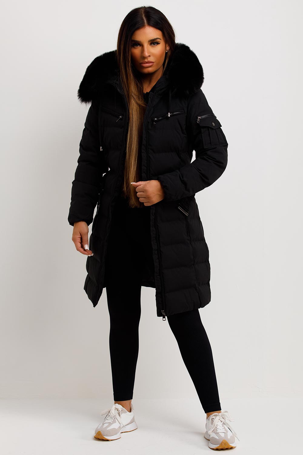 Longline Belted Puffer Coat with Faux Fur Hood