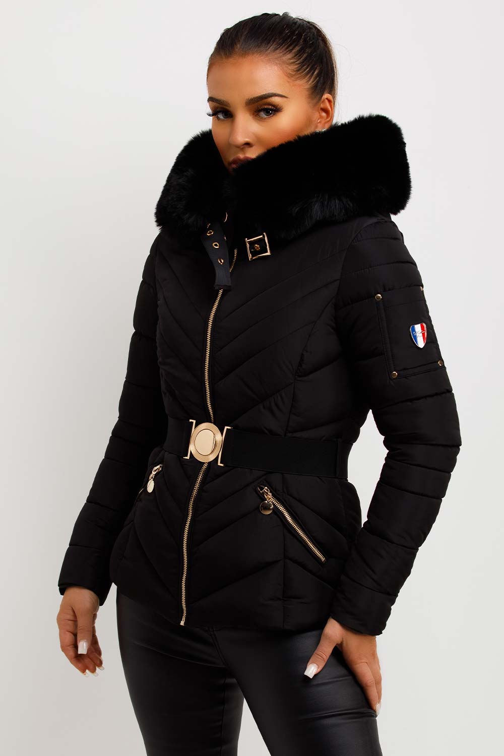 Belted Puffer Jacket with Faux Fur Hood in Black