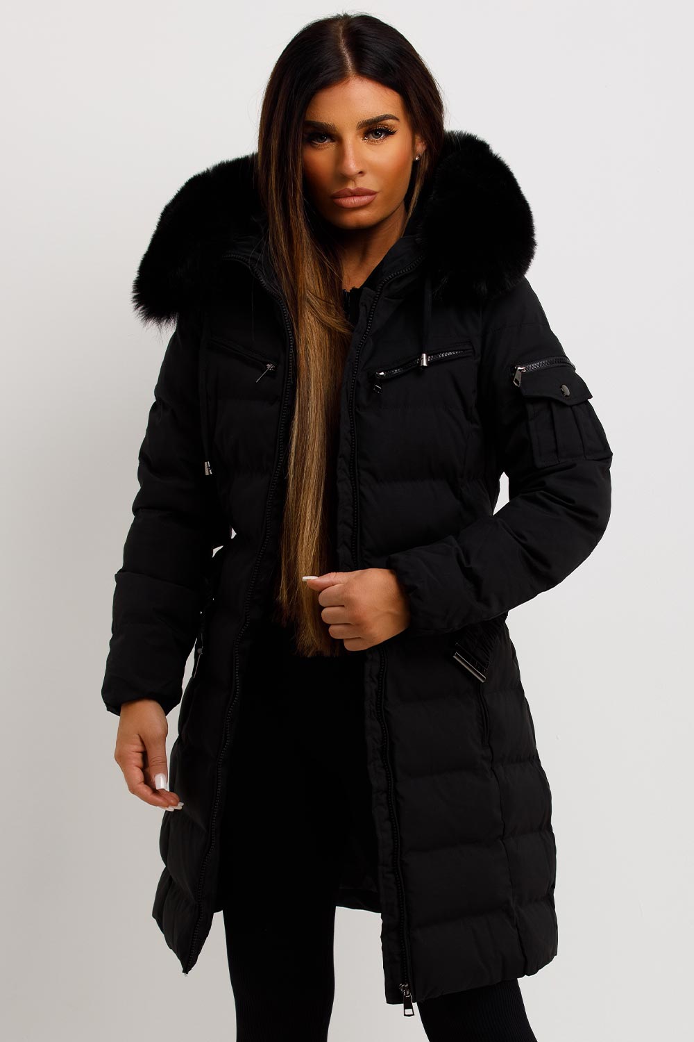 Longline Belted Puffer Coat with Faux Fur Hood