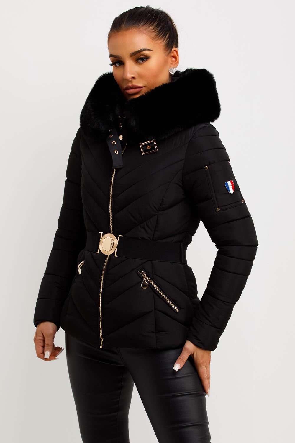 Belted Puffer Jacket with Faux Fur Hood in Black