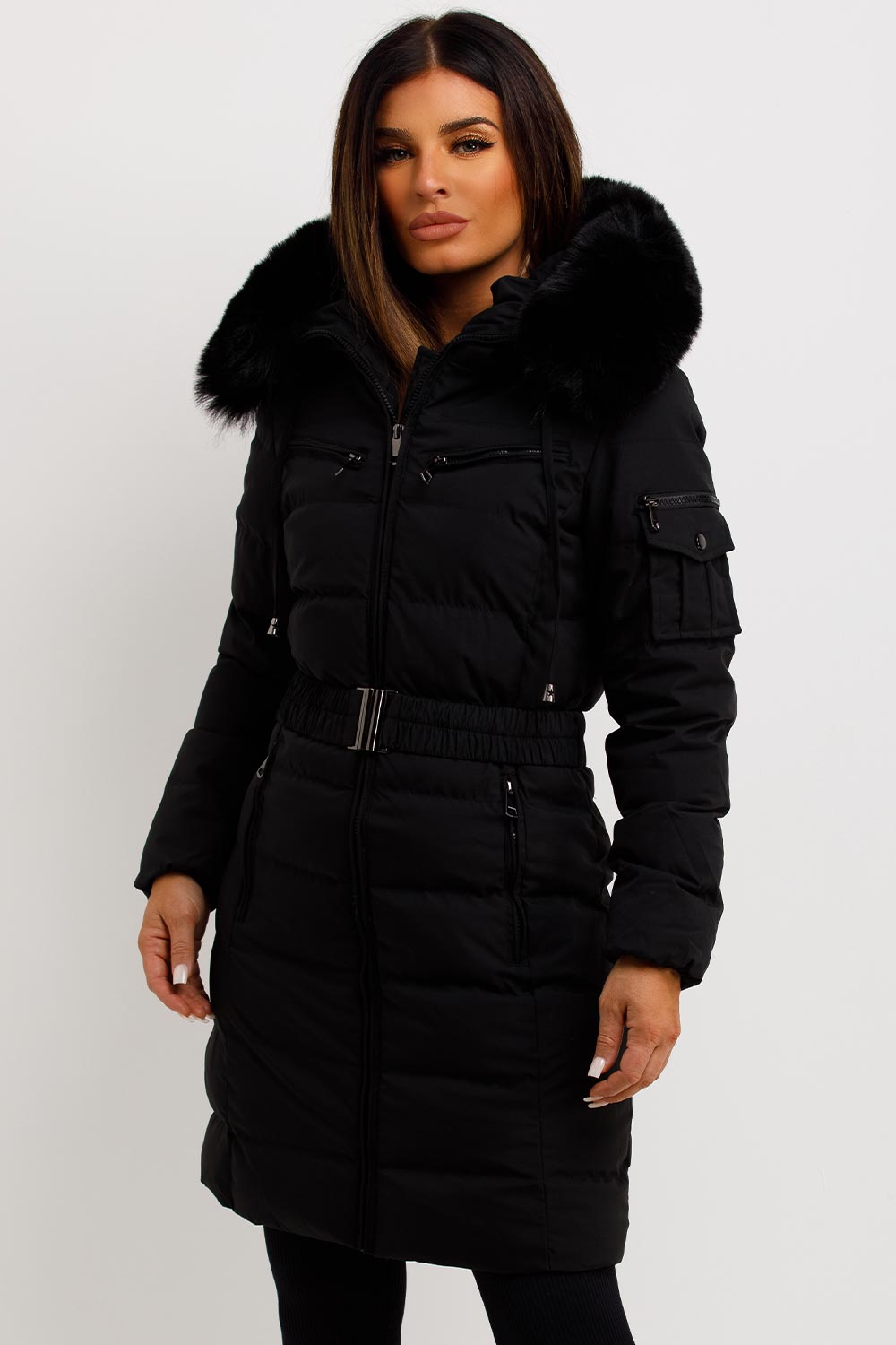 Longline Belted Puffer Coat with Faux Fur Hood