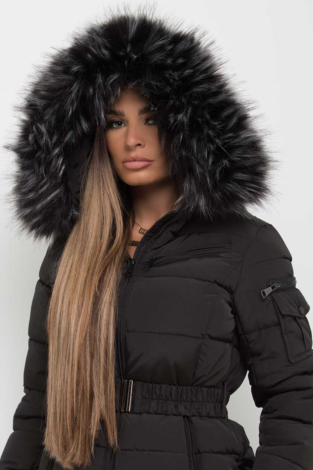 Faux Fur Hooded Belted Puffer Coat