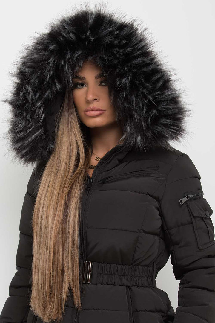 Faux Fur Hooded Belted Puffer Coat